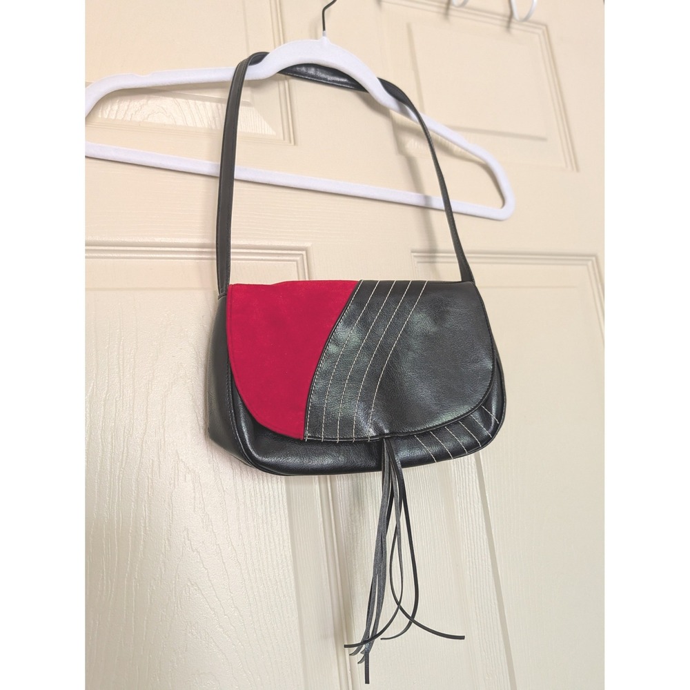 Victorias Secret Black Red Colorblock Faux Leather Suede Tassel purse. - Picture 3 of 8